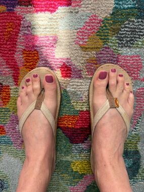 Rainbow Beige Canvas Flip Sandals with Tan Accents - Women